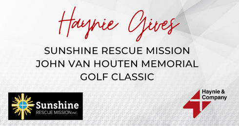 Haynie Gives Sunshine Rescue Mission John Van Houten Memorial Golf Classic promotional banner with logos.