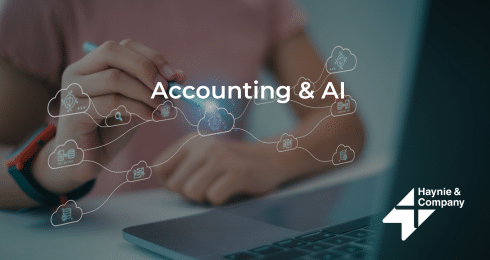 Person interacting with AI technology icons, 'Accounting & AI' text overlay, Haynie logo visible.