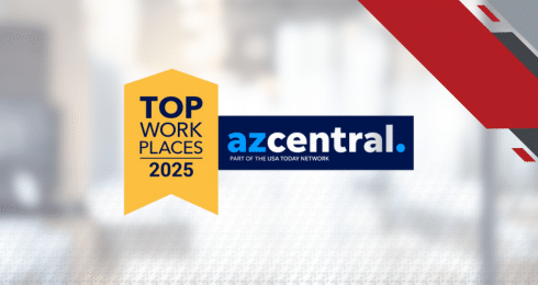Top Workplaces 2025 award logo by azcentral on a blurred office background.