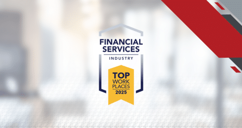 Financial Services Industry Top Workplaces 2025 award badge with red and gray accents.