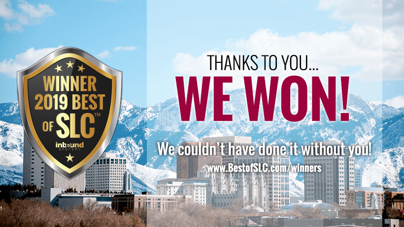 Winner 2019 Best of SLC with Salt Lake City skyline in the background, celebrating victory.
