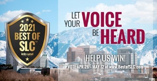 2021 Best of SLC voting banner with mountains and cityscape in the background.