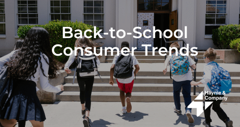 Back-to-School Consumer Trends: Children entering school with backpacks, text overlay and Haynie logo.