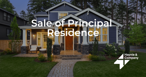 Sale of Principal Residence - Modern blue house front view with Haynie logo.