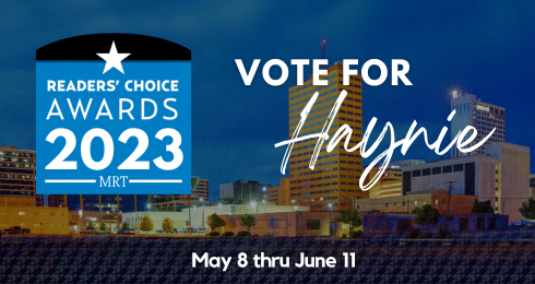 Vote for Haynie in MRT Readers' Choice Awards 2023, May 8-June 11, city skyline background.