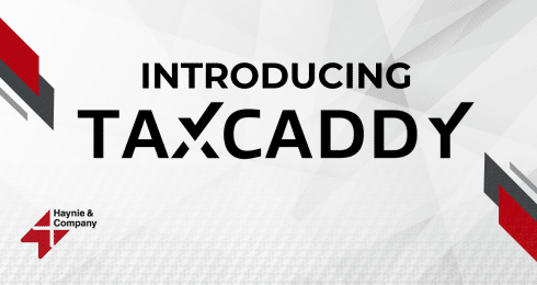 Introducing TaxCaddy by Haynie with geometric design elements on a textured background.