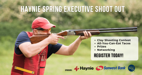 Haynie Spring Executive Shoot Out poster featuring a man aiming a shotgun outdoors with event details.