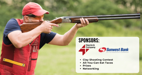 Man aiming shotgun at a clay shooting contest sponsored by Haynie and Sunwest Bank.