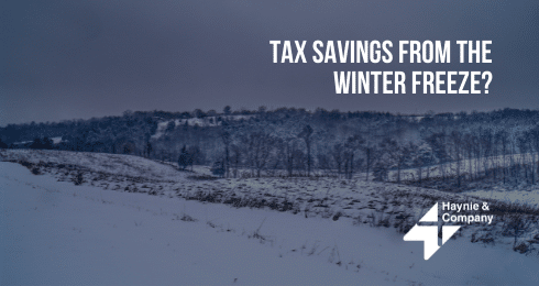Snowy landscape with text Tax Savings from the Winter Freeze? and Haynie logo.