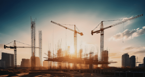 Construction site with cranes at sunset, silhouetted city skyline in background.