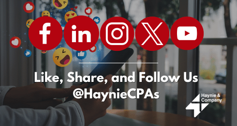 Social media icons with text: Like, Share, and Follow Us @HaynieCPAs by Haynie.