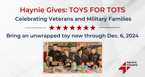 Haynie Gives: Toys for Tots event promoting toy donations for veterans and military families till Dec 6, 2024.