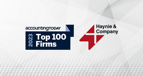 Accounting Today 2023 Top 100 Firms logo, Haynie featured.