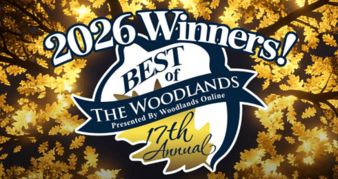 2026 Best of The Woodlands 17th Annual winners announcement with autumn leaf background.