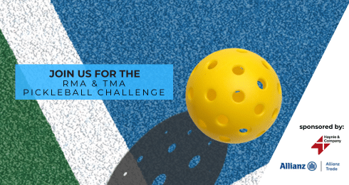 Yellow pickleball on court with text: Join us for the RMA & TMA Pickleball Challenge.