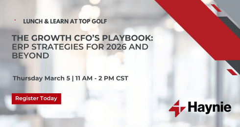 Lunch and Learn event flyer for The Growth CFO’s Playbook by Haynie on March 5, 11 AM-2 PM CST.