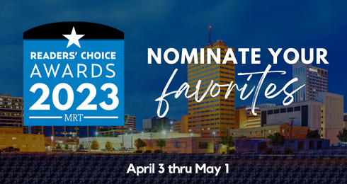 Readers' Choice Awards 2023 poster, nominate favorites, April 3-May 1, city skyline background.