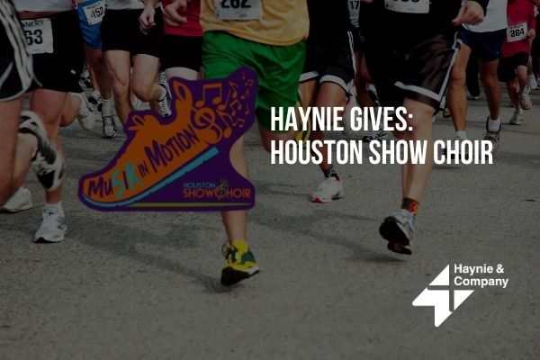 Runners participating in the Haynie Gives event for Houston Show Choir, featuring a colorful shoe logo.
