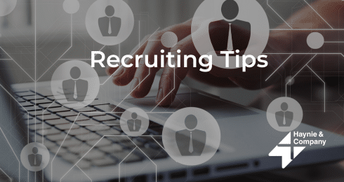 Recruiting tips with laptop and networking icons by Haynie.