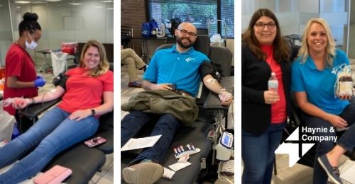Blood donation event at Haynie with smiling participants giving and preparing for donation.