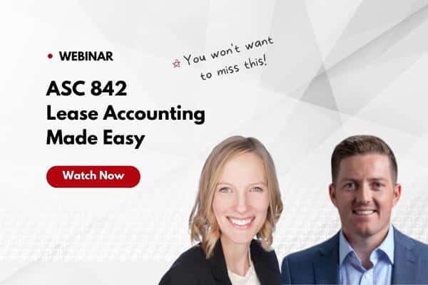 ASC 842 Lease Accounting Webinar with two smiling people, Watch Now button.