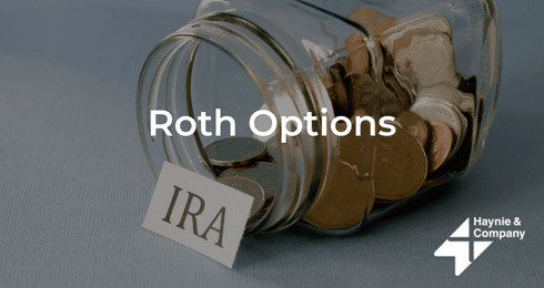 Roth Options: IRA savings concept with coins in a jar, Haynie logo.