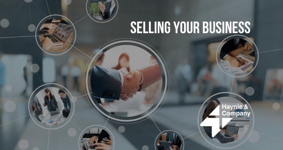 Selling Your Business concept with handshake and business meeting visuals, Haynie logo.