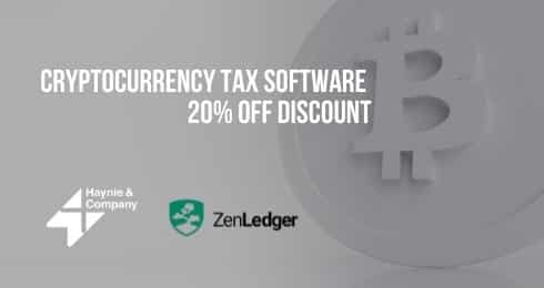 Cryptocurrency tax software 20% off discount, logos of Haynie and ZenLedger, Bitcoin symbol in background.