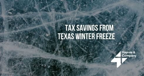 Tax savings tips from Texas winter freeze on icy background with Haynie logo.