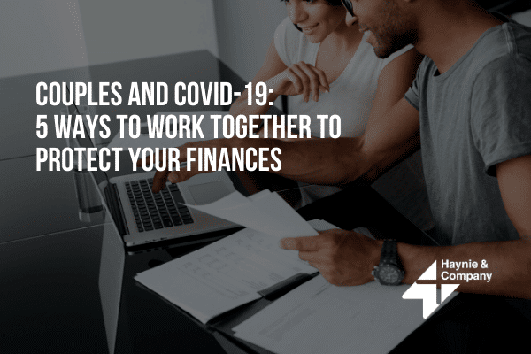 Couple reviewing financial documents at desk with laptop; text overlay about COVID-19 financial protection.