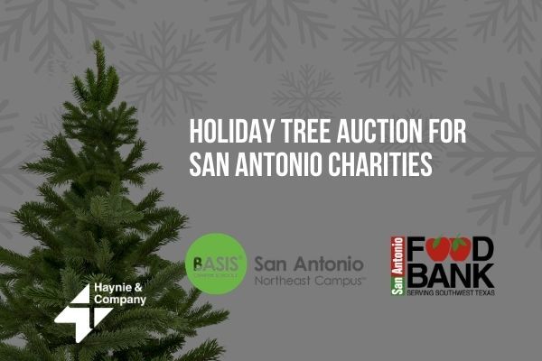 Holiday tree auction poster for San Antonio charities with logos and pine tree.