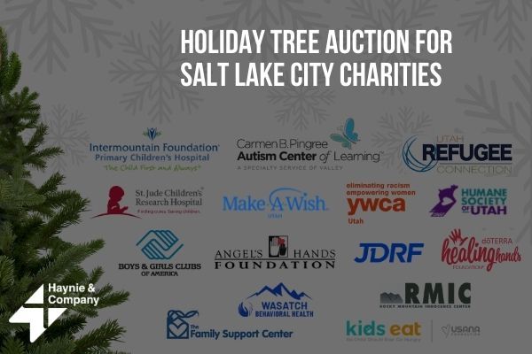 Holiday tree auction for Salt Lake City charities with various nonprofit logos.