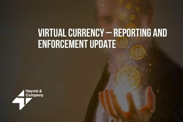 Virtual currency update with glowing bitcoins in a person's hand, Haynie logo bottom left.